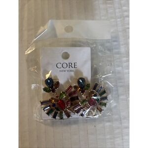 CORE New York Multicolor Rhinestone Statement Earring Crystal Sunburst Gold Tone